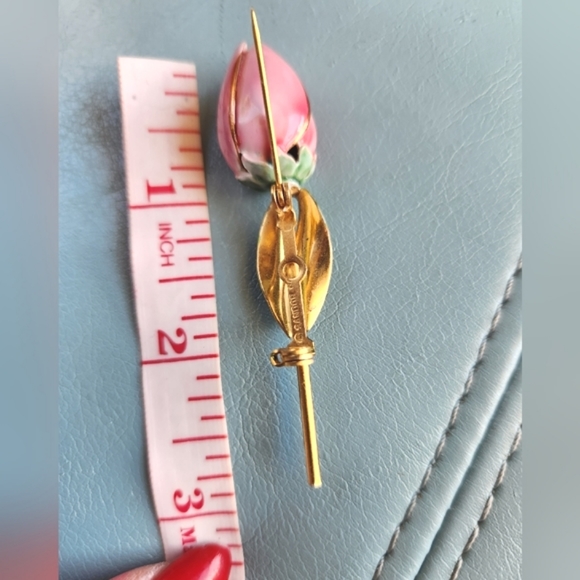 40s SANDOR CO Rose Pink Tulip Bud Olive Green Leaves Enamel Gold RARE Pin Brooch - Picture 7 of 16